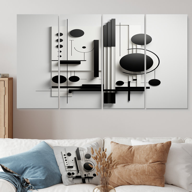 «Geometric Essence Monochromes Balance II - Minimalisme», art mural sur toile 4 pièces, H 28 po x l 48 po
