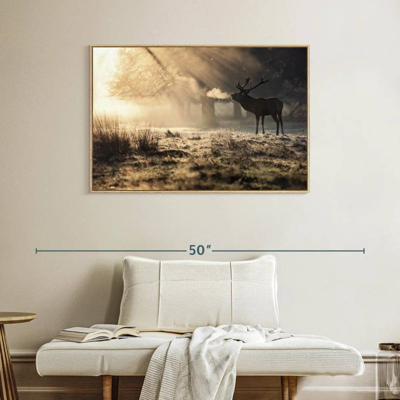 Cerf sauvage dans la neige, Cadre flottant en bois naturel, 40 po x 27 po