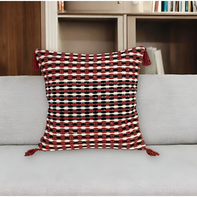 Coussin décoratif en coton à rayures rouges et noires 20 "avec pampilles