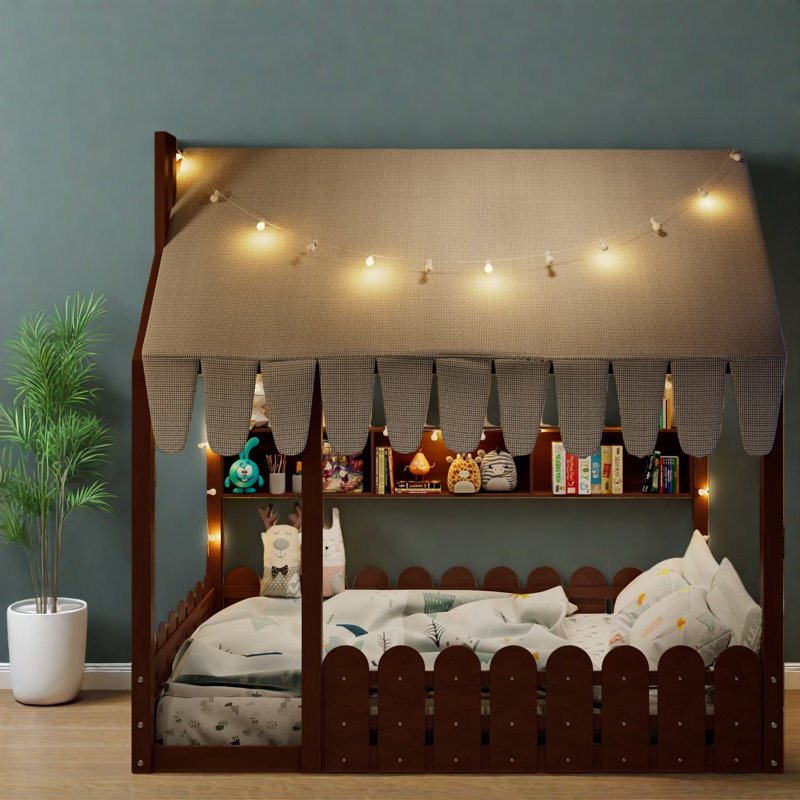 Spacieux lit double en bois avec rangement et tente Montessori