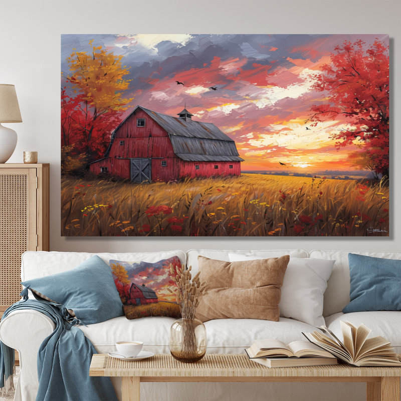 «Autumn Red Barn Breeze II» - reproduction d'art murale grange, H 40 po x l 60 po x P 1,5 po, Toile tendue