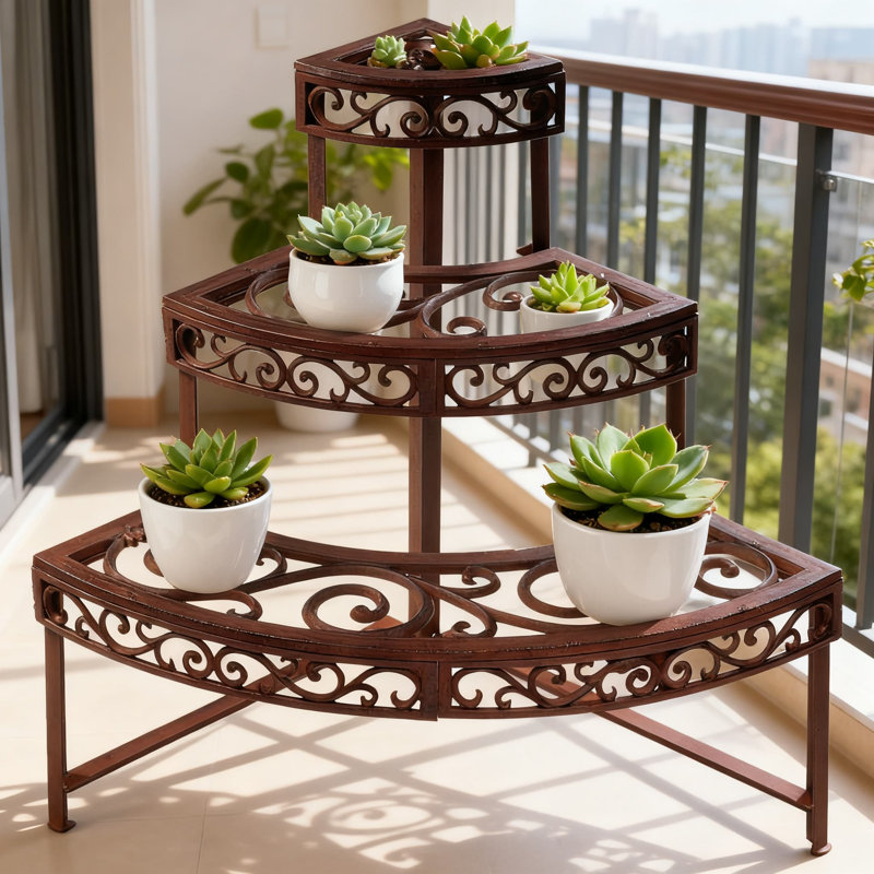 Support à plante quart-rond avec tablettes à 3 niveaux pour la verdure intérieure et la décoration intérieure