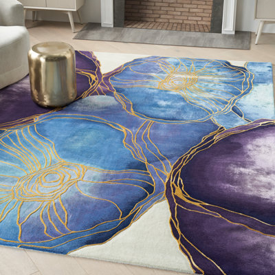 Tapis en viscose touffeté à la main bleu / mauve / jaune