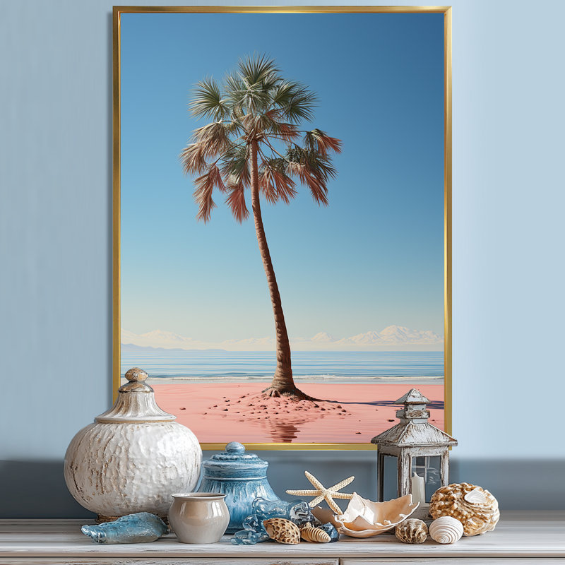 Sea Breeze, prunier rose et bleu sur toile, H 32 po x l 24 po x P 1 po, Cadre flottant doré