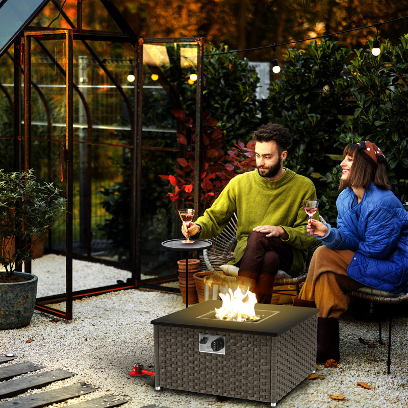Outsunny Rattan Fire Pit Table for Garden 13 KW Lid 58 x 58 x 33 cm Grey
