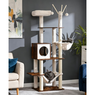 Arbre à chat 66,1 po en bois avec poteaux à griffer, hamacs et condo pour chats d'intérieur