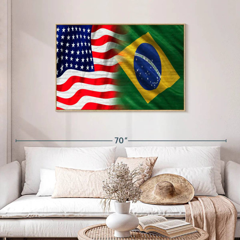 Drapeau des États-Unis et du Brésil, Cadre flottant en bois naturel, 43 po x 29 po