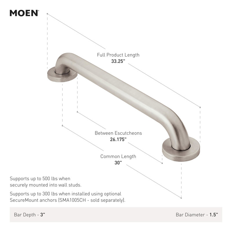 Barre d'appui à vis cachée, Inoxydable, H 3,18 po x l 33,25 po x P 3 po