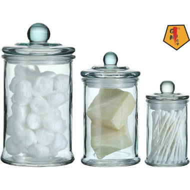  Whole Housewares Mini Glass Apothecary Jars-Cotton Jar-Bathroom  Storage Organizer Canisters Set of 3(Cotton Balls, Swab and Cellulose  Sponge Included) : Home & Kitchen