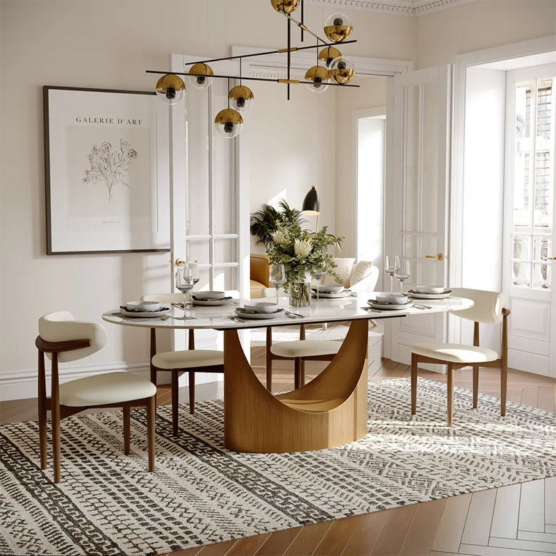 Table de salle à manger moderne minimaliste ovale avec plateau de table en pierre frittée, Blanc lustré