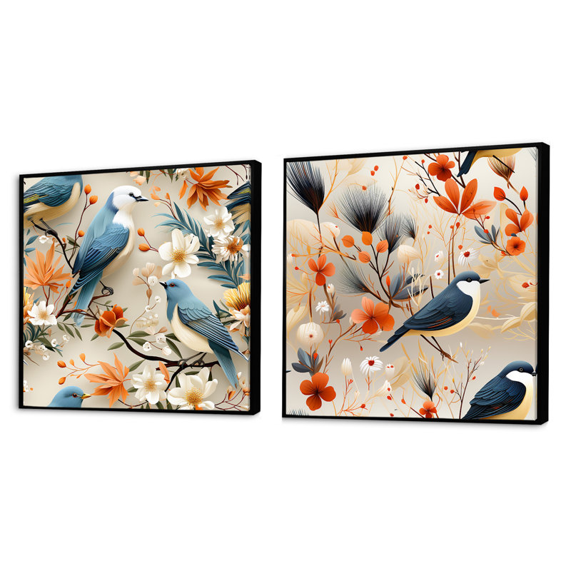 Collage Maelyss Birds On Branch, Cadre flottant noir, H 16 po x l 33 po