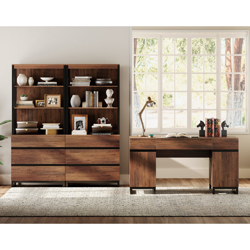 Aadam Home Office Furniture Set: 59" Executive Desk With Charging Station & Storage Cabinet + 72" Tall Bookcase With 6 Drawers, Modern Computer Desk & Library Shelf, Wood, Work Study