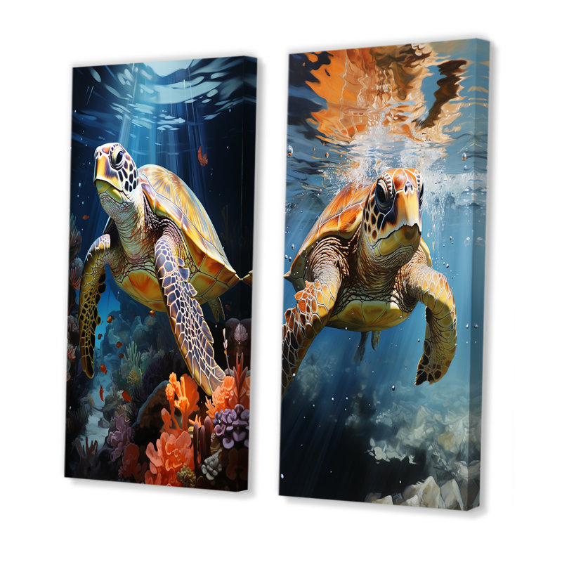 Dreamy Marine Encounter - Tortue, ensemble de 2 reproductions d'art mural, Toile tendue, H 28 po x l 25 po