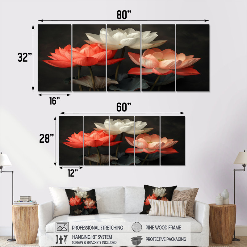 Ensemble de photos murales rouges et rouges rétro Glamour Lotus II, H 28 po x l 60 po