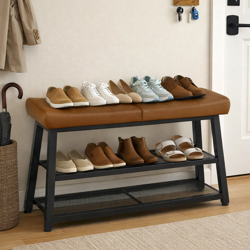 3-Tier Shoe Organizer Storage Bench with Storage and Cushion for Entryway, Hallway, Brown