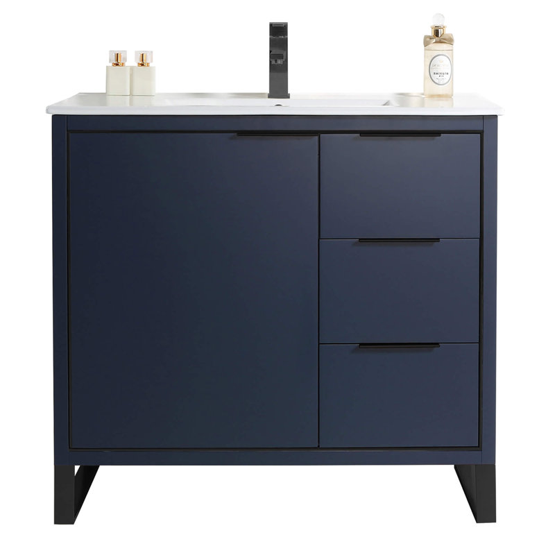 Navy Blue Matte Bathroom Vanity with White Ceramic Sink and Black Hardware