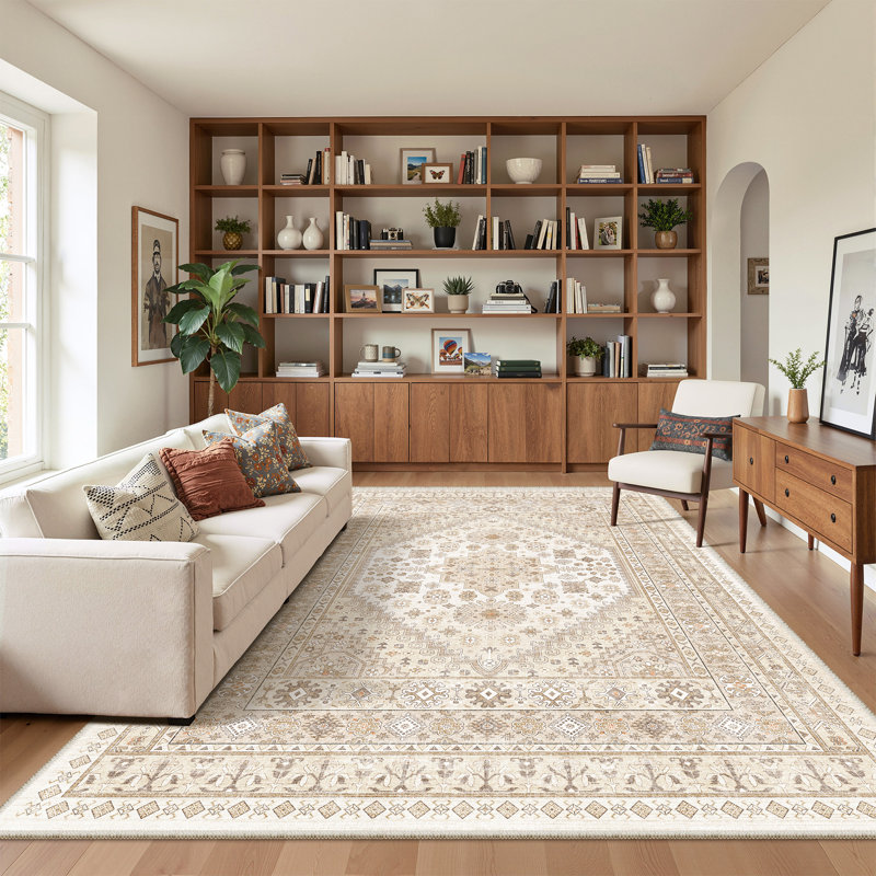 Malaika Machine-Washable Non-Slip Medallion Area Rug, Rectangle 6' x 9', Beige