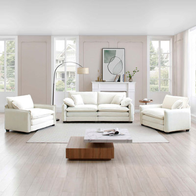 Ensemble de canapé luxueux et sophistiqué avec coussins et coussins moelleux, ensemble de canapé pour les salons et les clubs ainsi que les cinémas maison, comprenant deux canapés simples et un canapé 2 places en cordur beige