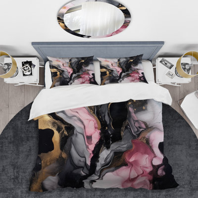 Black Gold Marble Splash II - Abstract Marble Duvet Cover Set - Microfiber Polyester