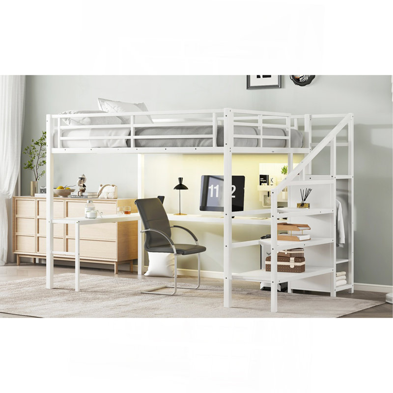Queen Size Loft Bed With L-Shaped Desk And USB, Metal Loft Bed With Wardrobe And Adjustable Shelf, High Loft Bed With LED For Kids Teens Adults, White