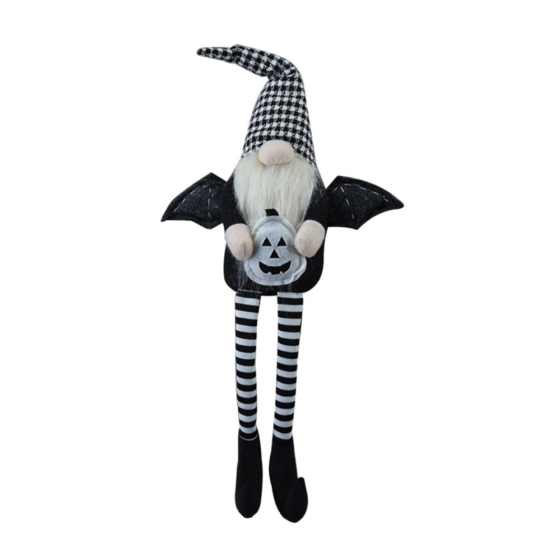 Ensemble de 2 gnomes noirs de 4,3 po x 3,5 po x 23,5 po assis avec des ailes et un chapeau écossais noir et blanc pour la décoration d'Halloween