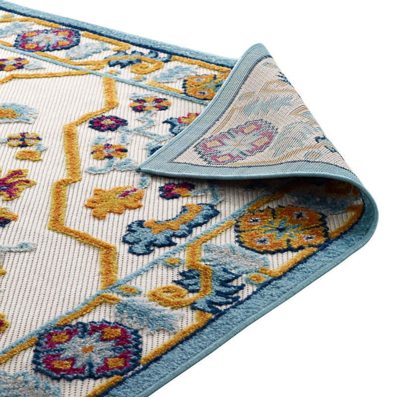 Blue Floral Synthetic Rectangular Stain-Resistant Area Rug