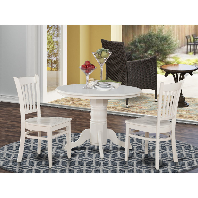 Ensemble de salle à manger 3 pièces comprenant une table de cuisine ronde avec pied central et 2 chaises, 107 x 107 cm, blanc lin