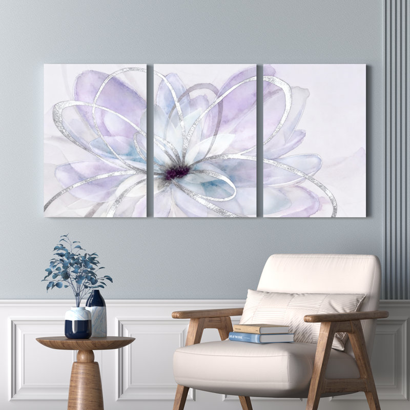 Abstrait fleur de lavande avec décorations argentées, ensemble de 3 toiles, H 24 po x l 48 po