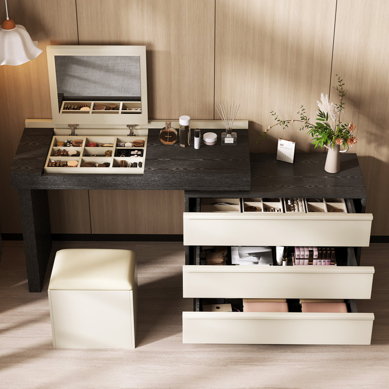 Modern Expandable Countertop Vanity With Hidden Mirror, Storage Drawers & Matching Dressing Stool - Ideal For Bedroom Small Space