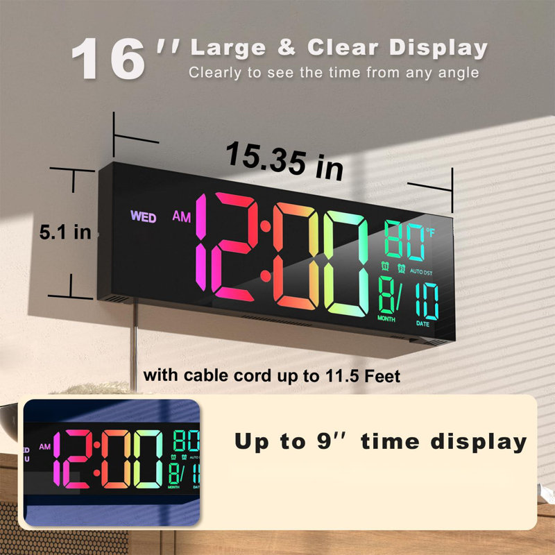 Large Digital Wall Mount Clock, Count Down Timer With Remote, Alarm, Big LED, Birthday Gift,(Black)
