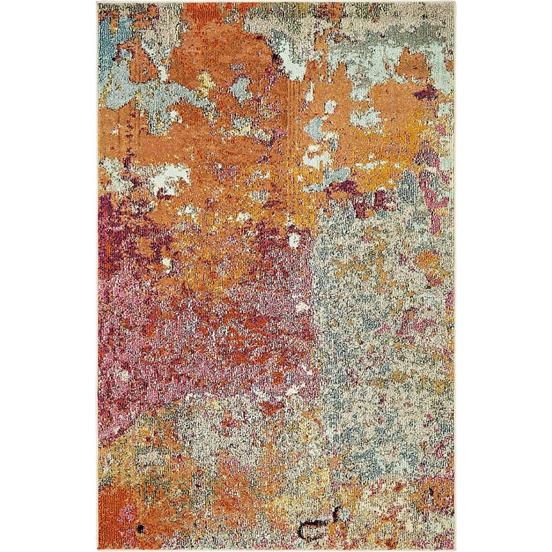 Tapis orange / rouge à motif abstrait Quinlin, Rectangle 4 pi x 6 pi