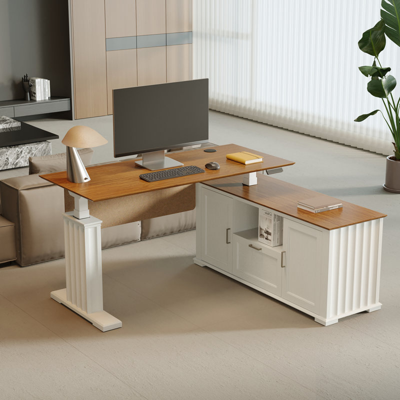 Ashantey 60" L-Shaped Executive Electric Standing Desk with Fluted Roman Legs, Privacy Modesty Panel and Wire, Walnut