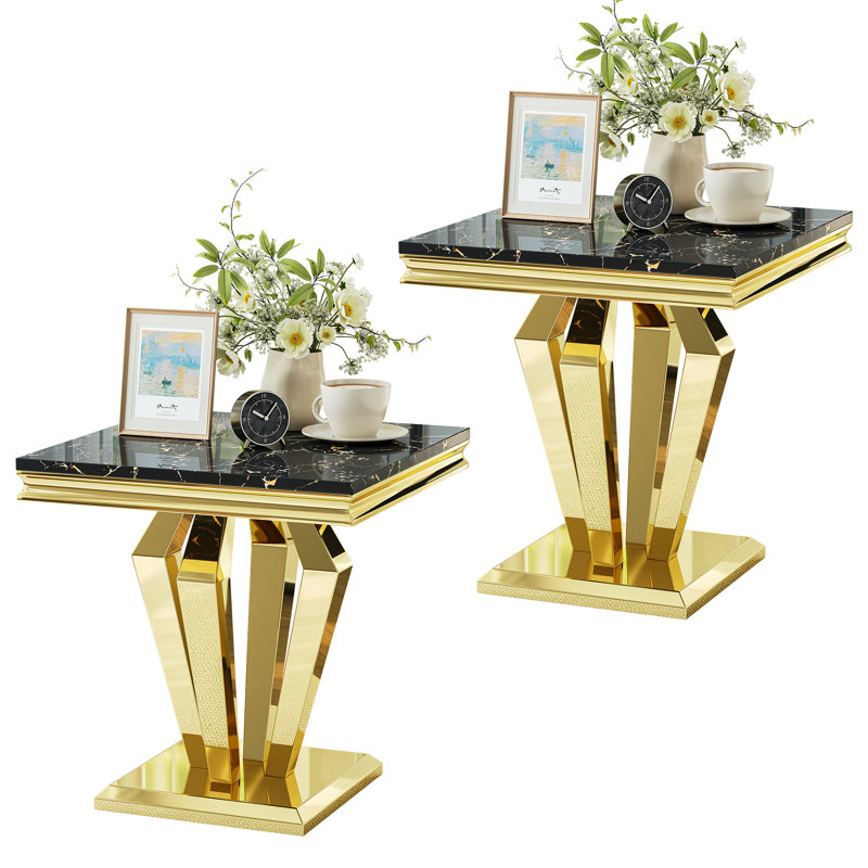 Table de bout 2 pièces avec plateau en faux marbre et structure en acier inoxydable (ensemble de 2), Noir, Or