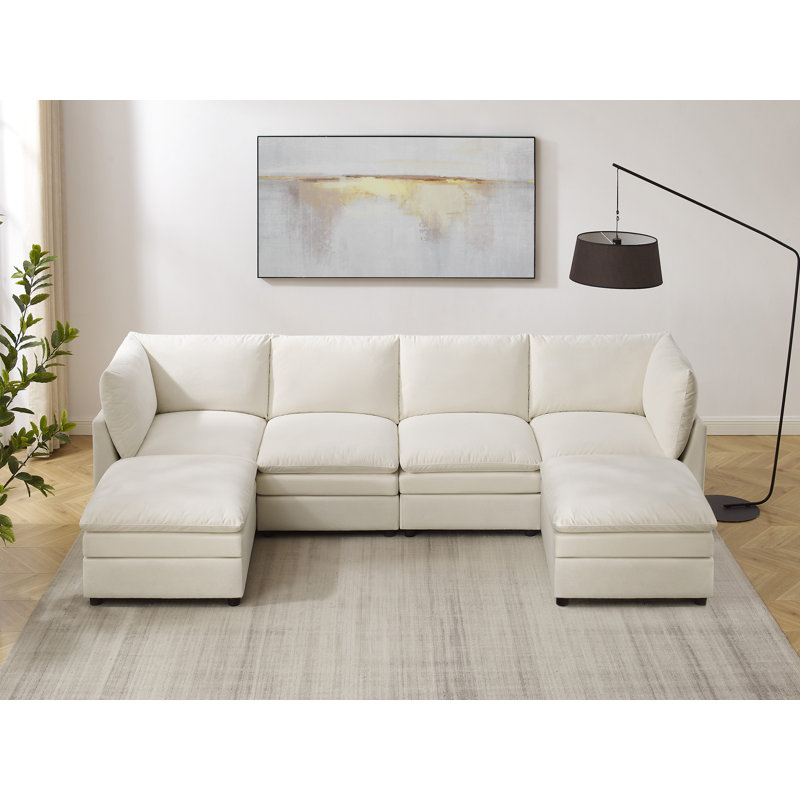  Canapé modulaire rembourré 6 pièces Cann avec 2 repose-pieds Cann, Mélange de polyester blanc