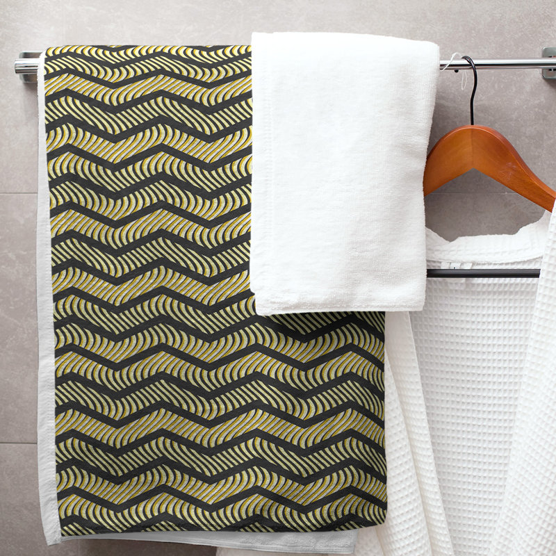 Serviette de bain à chevrons ondulés Stephenie, Noir / Jaune