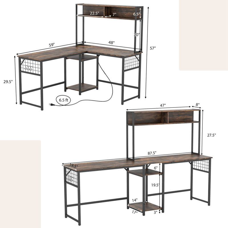 Magdali L-Shaped Metal Base Computer Desk, Brown