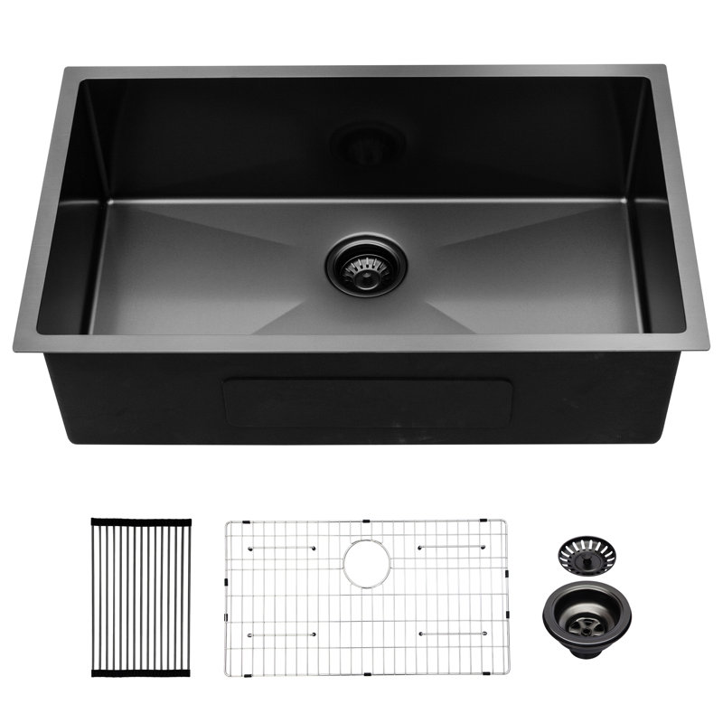 Évier de cuisine profond 10 pouces - 32 po x 19 po, noir acier, acier inoxydable, avec revêtement de condensation pour la prévention