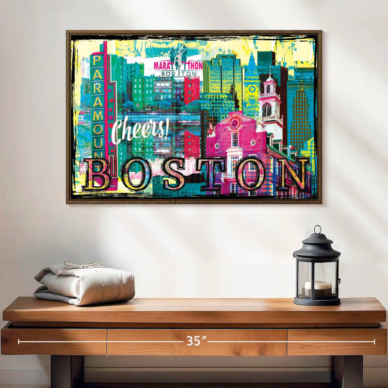 Repères grunge de Boston City, 25 po x 17 po, Cadre flottant noyer