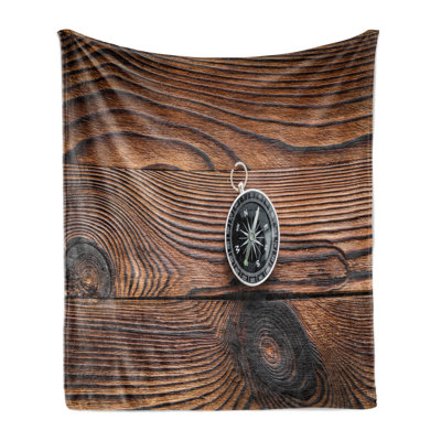 Ambesonne Compass Fleece Throw Blanket Navigator Tool on Wooden Charcoal Grey Caramel