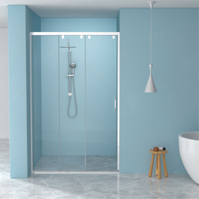 48"W× 76"H Triple Bypass Sliding Shower Door With 5/16 In. (8mm) Clear Glass, Stainless steel frame