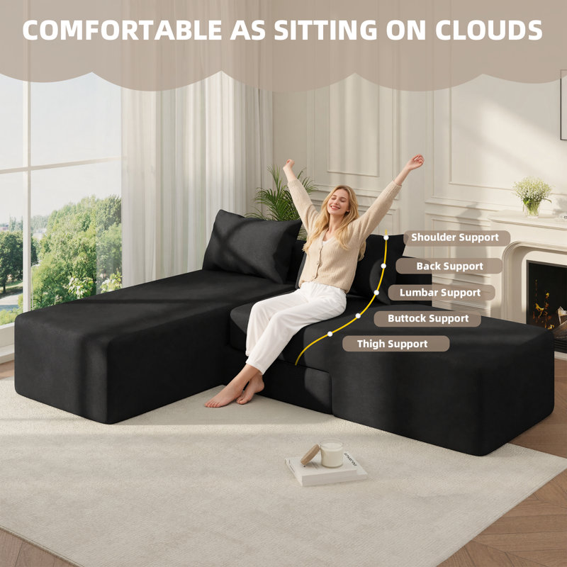 Canapé convertible désossé, canapé modulaire flexible 4-en-1 avec méridienne réglable et assise profonde, conception modulaire rembourrée pour le salon, comprend 2 coussins, aucun assemblage requis, noir