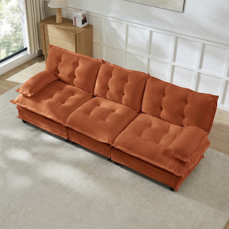 107" 3-Seater Modular Sectional Cloud Sofa, Chenille Fabric Deep Seat Couch With Lattice Decored Cushions, Orange Chenille