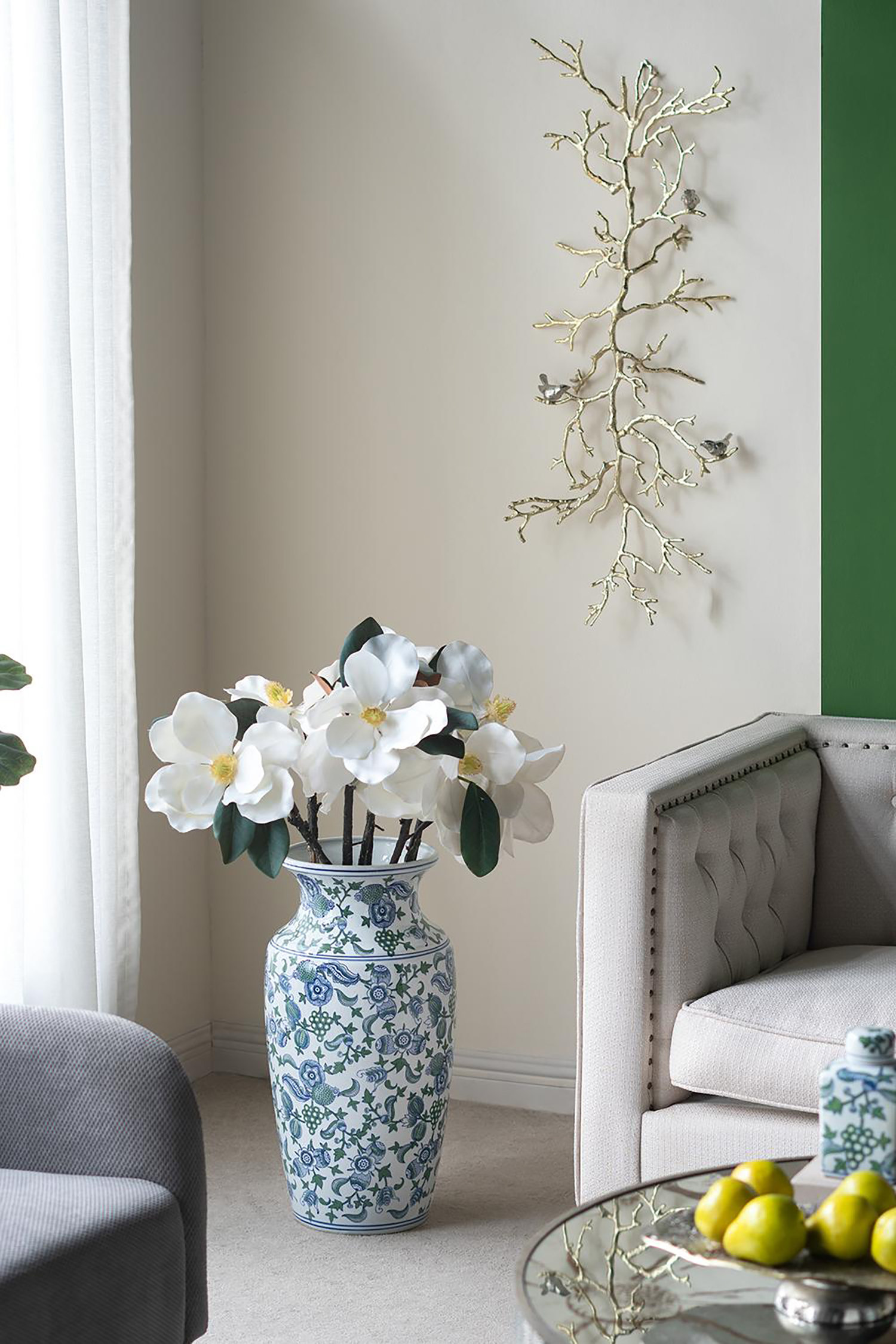 Lark Manor™ Decorative Porcelain Vase with Cherry Blossom Patterns - 12"Dia. x 24" - Blue/Green/White | Wayfair