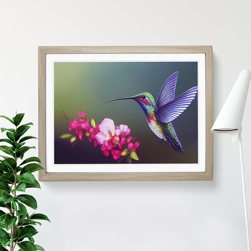 Unreal Floral Hummingbird - Framed Print, 25cm H x 34cm W x 2cm D, Oak