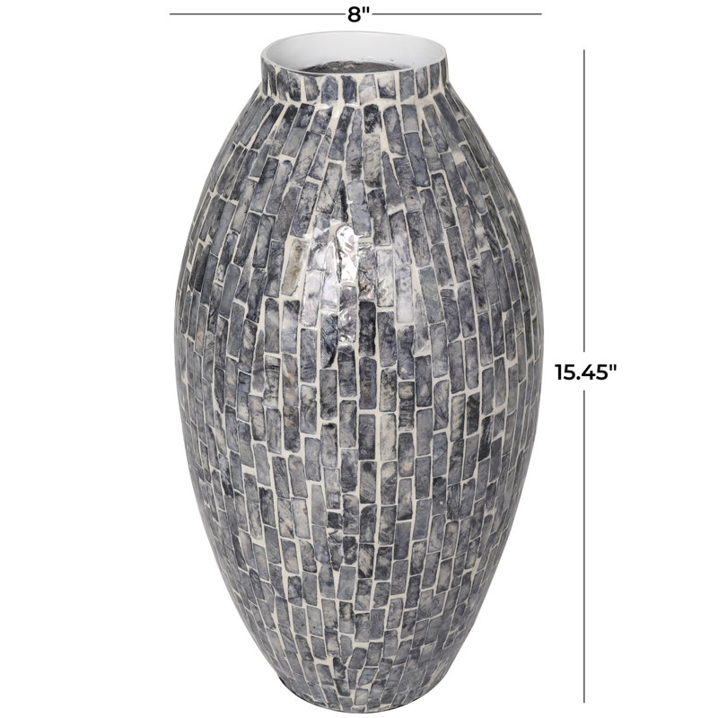 Reydan Mother of Pearl Shell Handmade Mosaic Inspired Decorative Gray Vase, 15.45" H x 8" W x 7.85" D