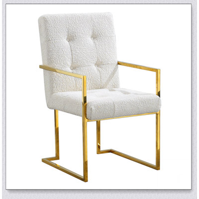 Linen Dining Arm Chair Tufted Design and Gold Finish Stainless Base
