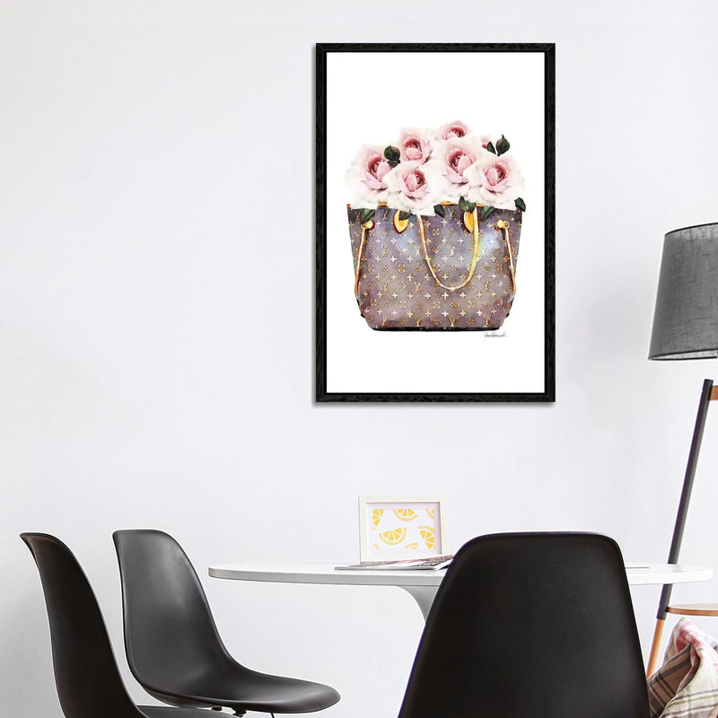 Brown Bag Filled With Blush Roses by Amanda Greenwood - Painting on Canvas, 66.04 cm H x 45.72 cm W, Black Framed Canvas