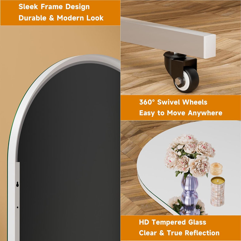 Home Gym Arched Mirror 360° Swivel on Wheels,Extra Large Full Body Rolling Mirror, Tempered Glass Easy to Move Full Length Mirror for Yoga Studio, Bedroom, Dancing Studio 3-Year Warranty