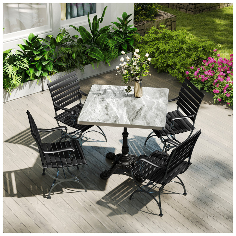 Table d'extérieur carrée en pierre frittée 31,5 "avec base en fonte gris ardoise clair