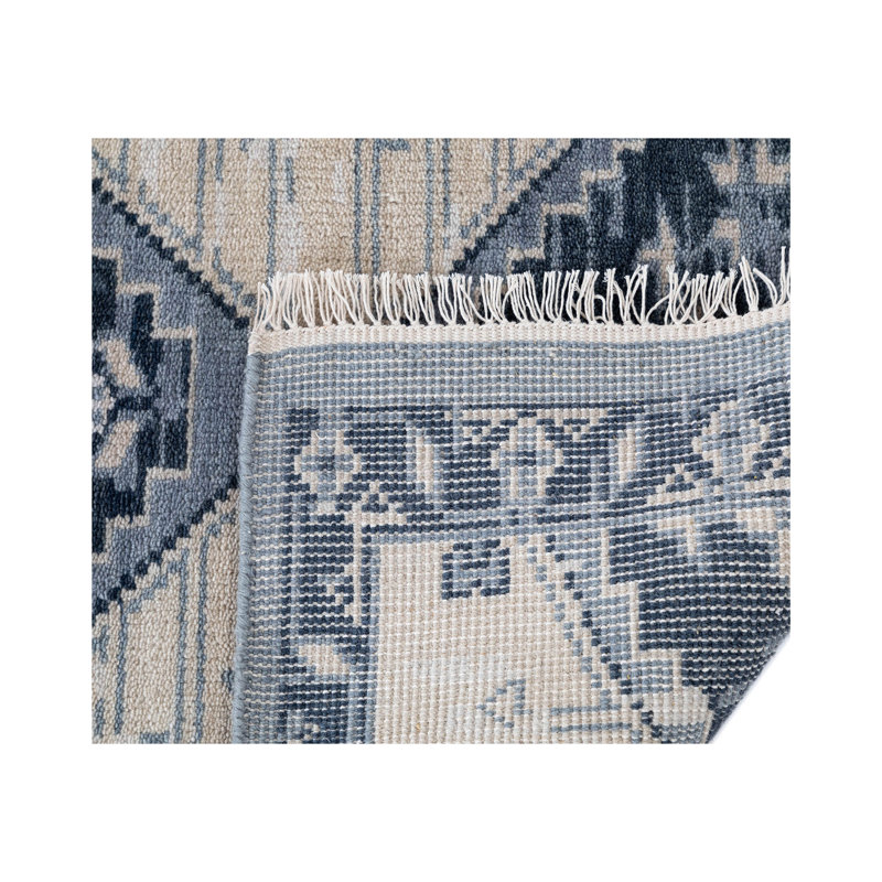 Tapis en laine noué à la main bleu / crème, Tapis de couloir 2 pi 6 po x 9 pi